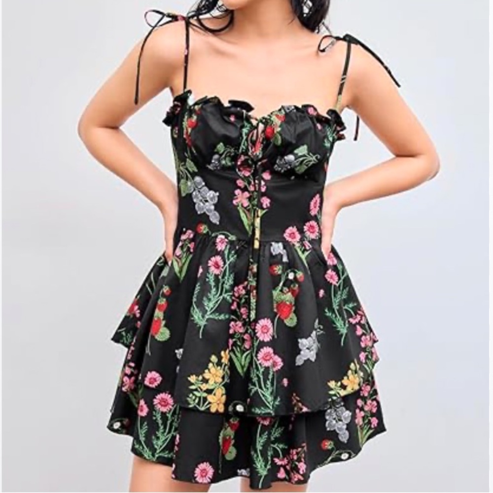 Cider Women’s Woven Black with Floral & Fruit Ruffle Hem Mini Sundress 0XL• NWT